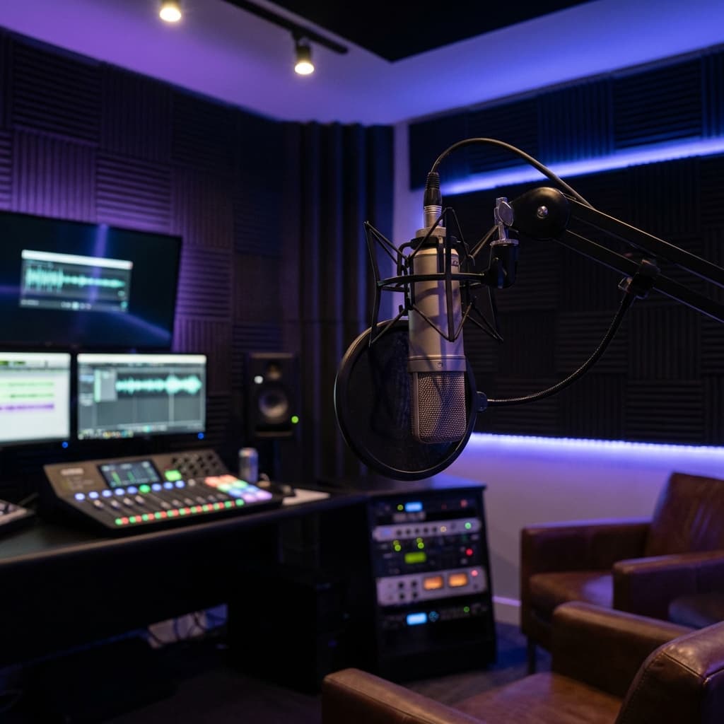 Podcast studio with microphone and recording equipment